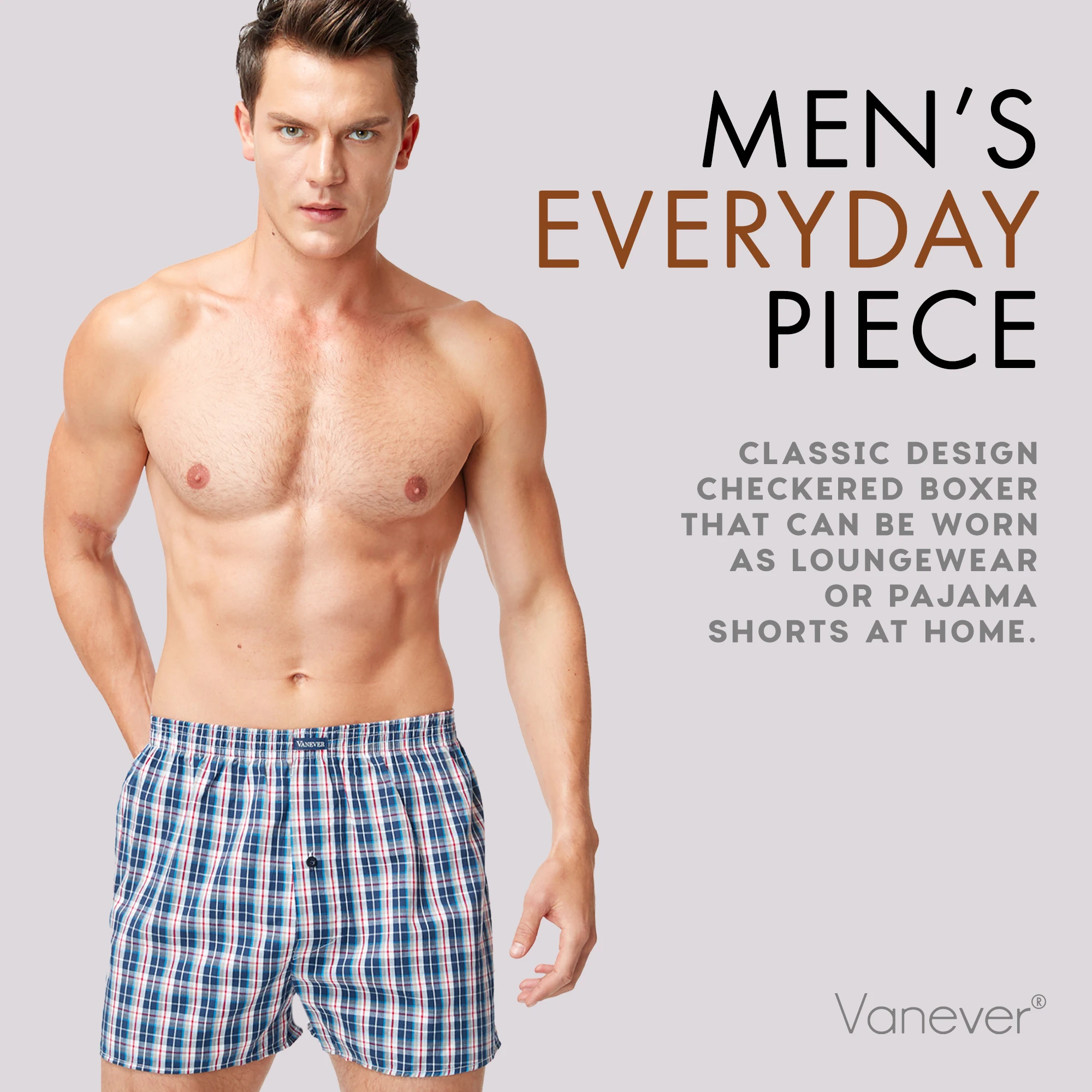 VANEVER 3 Pcs Boxers, Mid Waist Knit Cotton Woven Shorts, Loose Fit Plaid Men\'s Panties, Comfortable Homewear Men’s Underwear