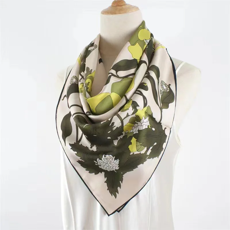 90 Silk Scarf Floral Printed 100% Silk Head Scarves for Hair Wrapping 2023 Autumn Fashion Silk Shawl Cape for Female