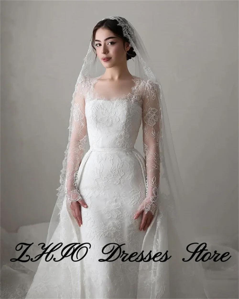 ZHIO Vintage Ivory Lace Wedding Dress Square Collar Full Sleeve Draped A-Line Floating Sweep Train Bridal Gown Customized
