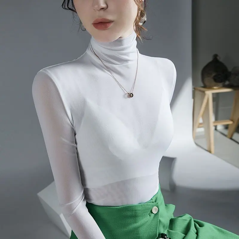 Autumn Winter New Top High Neck Lace Mesh Bottoming Shirt Women's Solid Color Long Sleeve Tshirt M-4XL