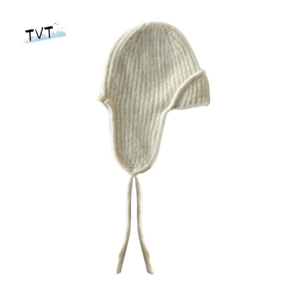 

Windproof Warm Pilot Hat Soft Earmuff Winter Knitted Cap Lace-up Thickened Wool Blend Hat Ride Headgear