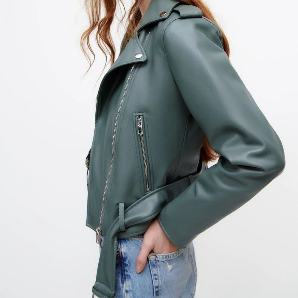 European And American Autumn Winter Women Faux Leather Motorcycle Jacket Female Small Lapel Green Ladies Trench Coat Streetwear