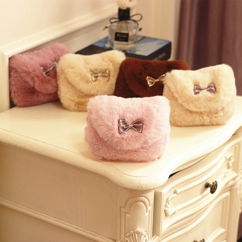 

Cute Little Girl Mini Purse Bags Autumn Winter Kawaii Bowknot Coin Wallet Faux Fluffy Fur Girls Crossbody Bags Furry Handbag