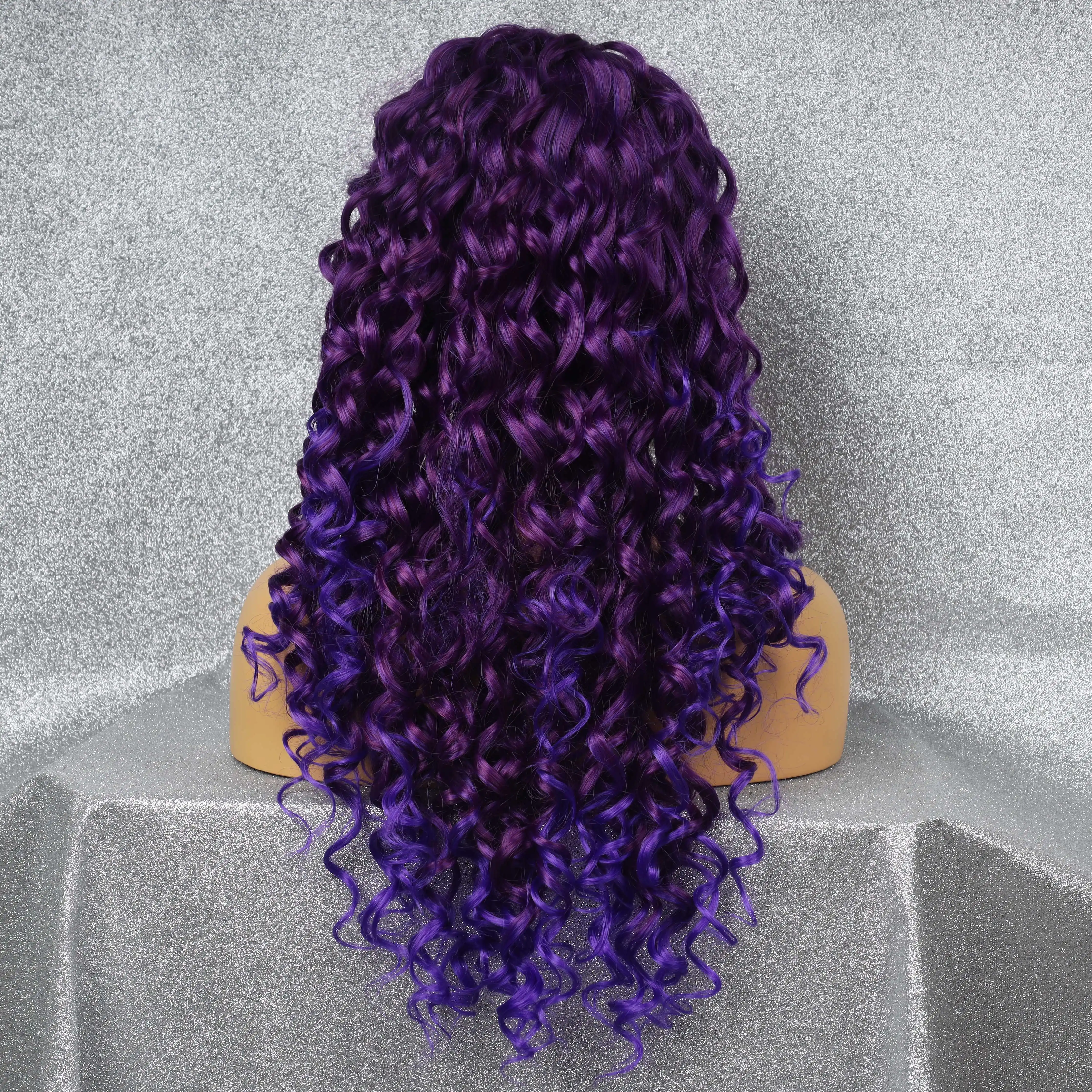 Front Lace Synthetic Purple Long Large Wave Wig Heat Resistant Breathable Comfortable Glue-free and Trace-free Cosplay Wig