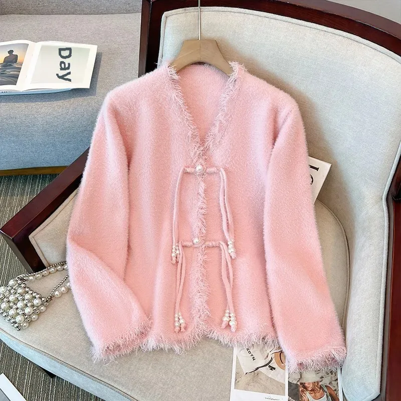 2024 Autumn/Winter New Chinese Style V-Neck Sweater Jacket Women's Idle Style Design Sensibility Cardigan Top