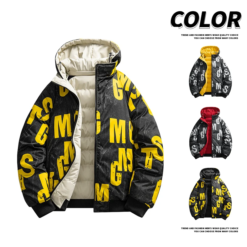2026 Winter Men's Cotton Jacket letter pattern double-faced Cotton Jacket men Winter Coat  Edition Trendy Thick solid color