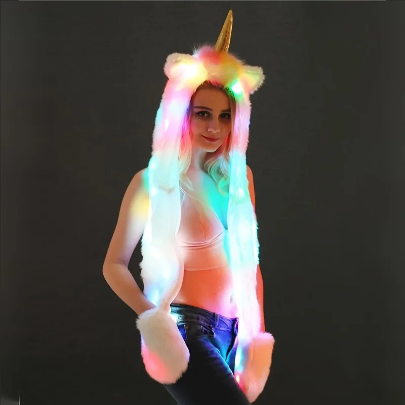 Unicorn Hat LED Light Up Faux Fur Animal Hat Scarf Gloves 3 in 1 Set for Women Festival Rave Party Cosplay Winter Warm Gift