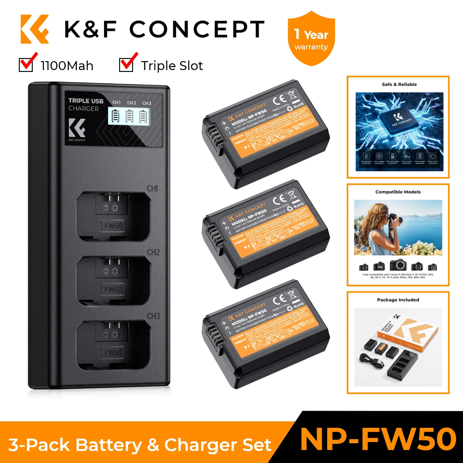 K&F Concept NP-FW50 Charger for Sony A6000 A6400 A7 A7ii ZV-E10 Cameras 3-Slot ZV-E10 Micro-USB Battery Charger with LCD Display