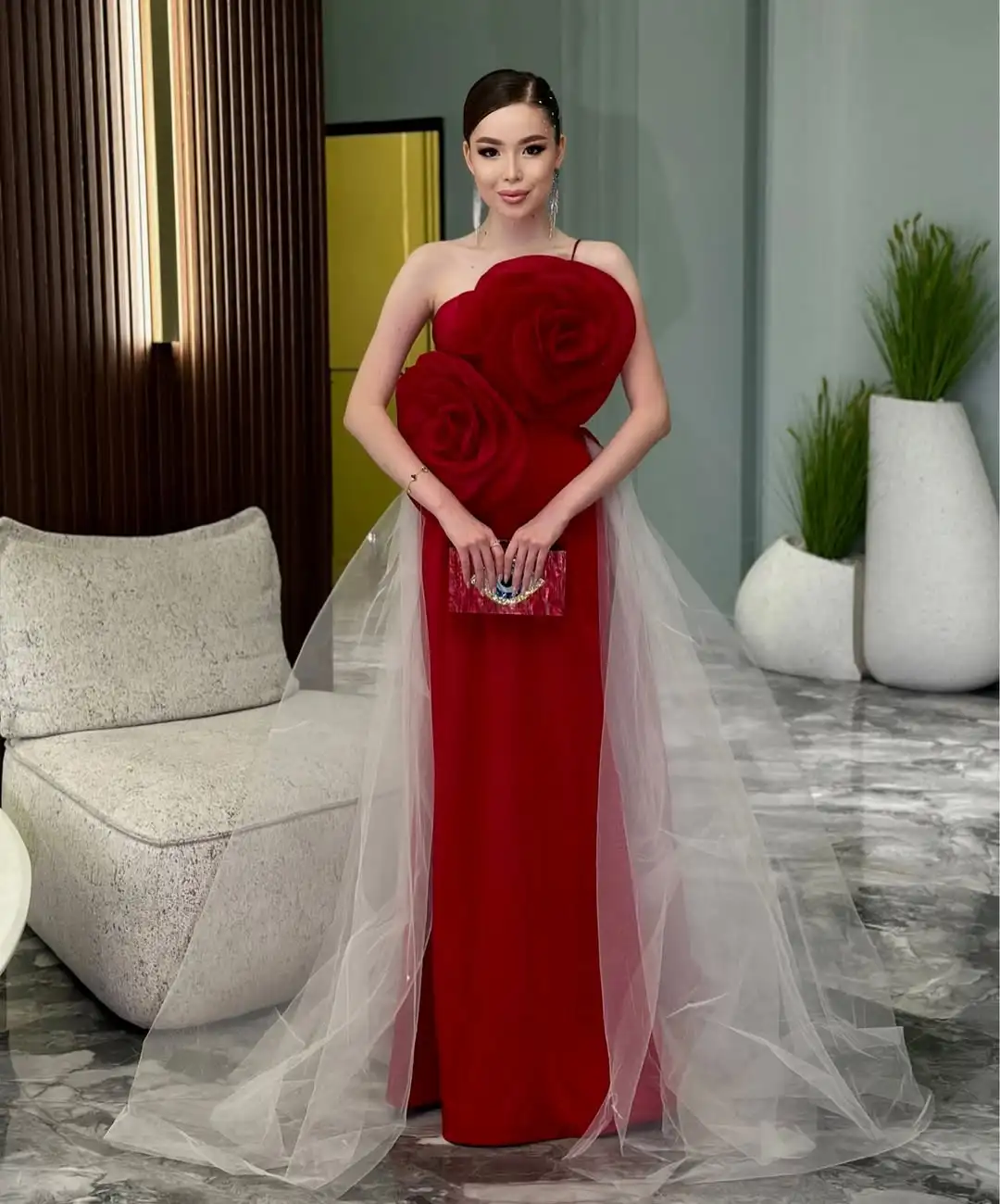 

Elegant Sheath Sleeveless Prom Dresses Strapless Flowers Floor Length Party Dresses Formal Evening Dresses