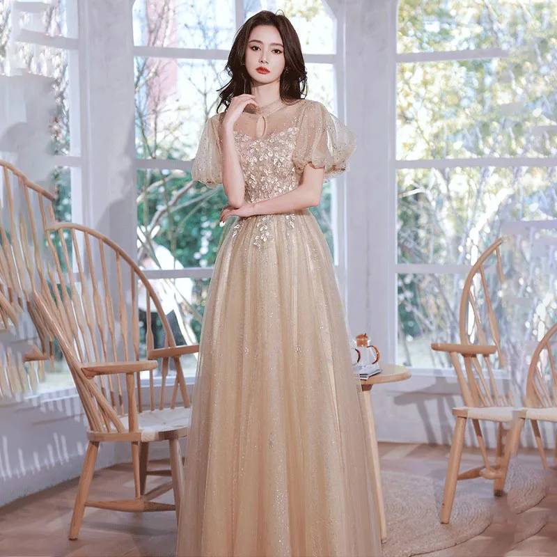 

Evening Dress High Neck Short Sleeves Floor-Length Elegant Sequins Appliques A-Line Backless New Woman Formal Party Gown A2505