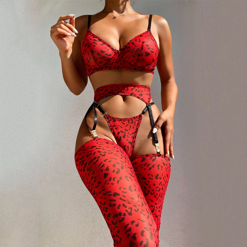 Red Leopard Push Up Bikini Sexy Perspective Pole Dance Bodysuit Gogo Costumes Women Clubwear Dj Ds Stage Rave Outfit XS6135