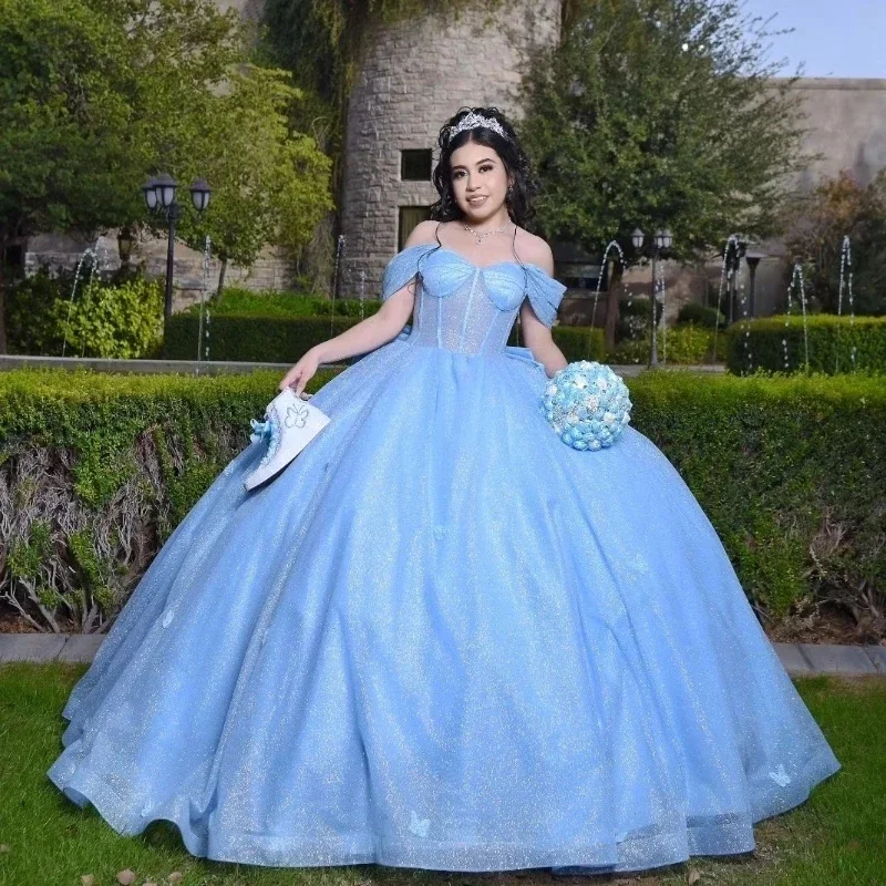 Shiny Sky Blue Young Bow Ball Gown Quinceanera Dresses Sequins Tull Off Shoulder Sweetheart 16 Corset Dress Vestidos De 15 años