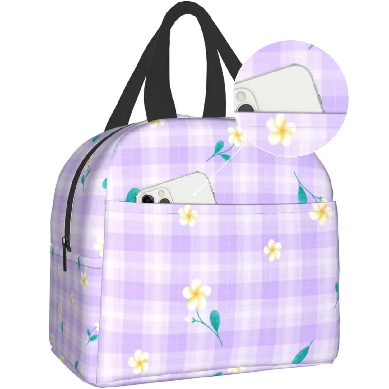 Purple Lilac Violet Flower On Purple Plaid Lunch Box Bento Box Insulated Lunch Boxes Reusable Waterproof Lunch Bag With Front
