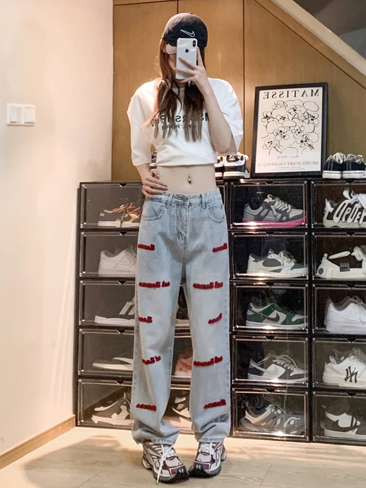 

American High Street Vibe Embroidered Straight Leg Jeans Loose Wide Leg Pants for Men And Women Street Hiphop Trendy Brand