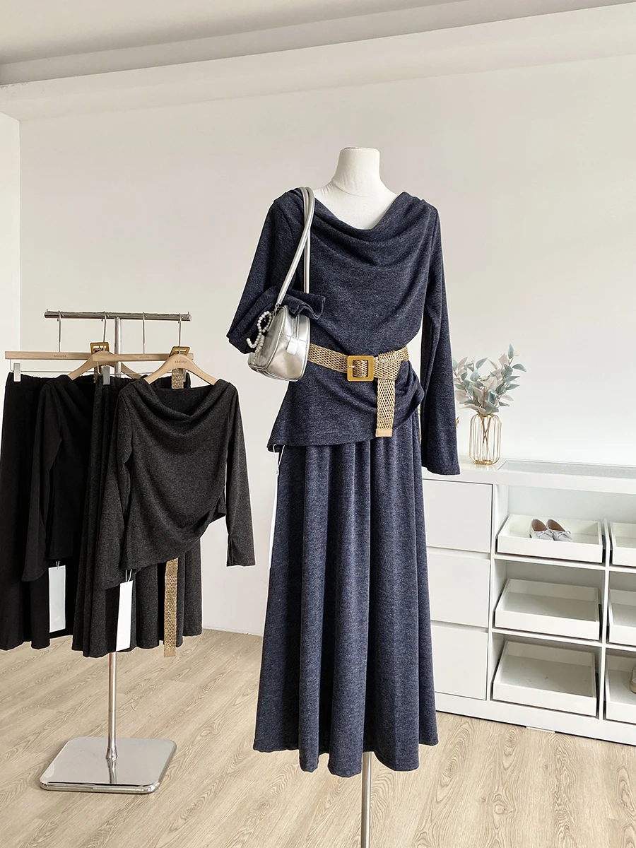 

Autumn 2025 Korean Style Slim Fit Long Sleeve Knitwear Women's Fashion Set with Halter Neck Half Skirt Commute Style Polyeste...