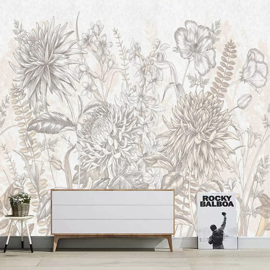 Customized Mural Retro Hand-Painted watercolor flower Plant Leaf Wallpaper Pastoral Style Wild Grass Flower Decoration Painting