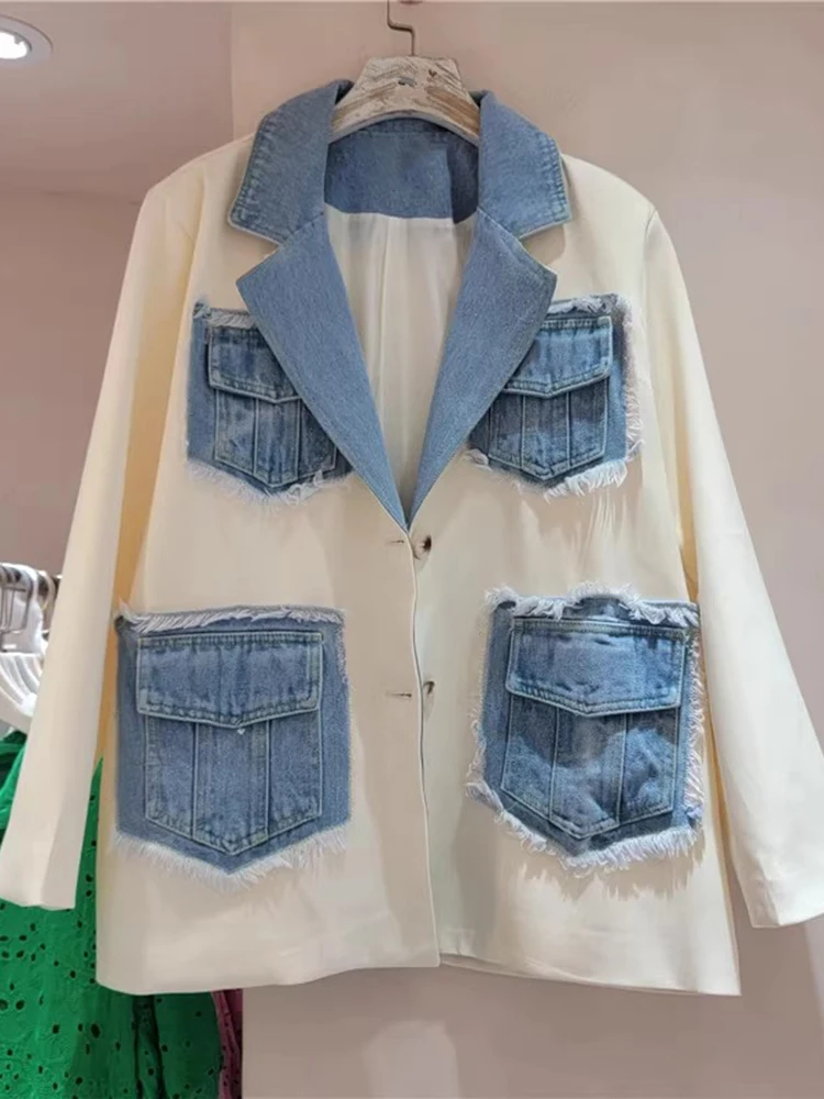 CHICEVER-Blazer en denim patchwork pour femme, col cranté, manches longues, Hit Document At, ourlet brut, vêtements féminins, automne, nouveau