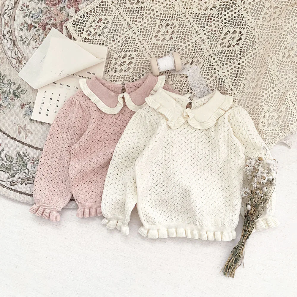 

Jenny&Dave Spring and Autumn Baby Girls' Pullover with Polo Neck Hollow out Knit Shirt Baby Jacquard Long Sleeve Thin Girl