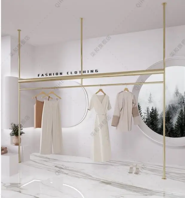 Stainless steel titanium gold women's shelf suspended top hangers men's store clothes display rack props