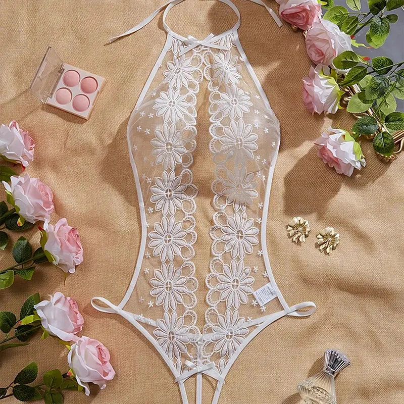 Hot One-piece Transparent White Lace Crotchless Sexy Deep V Porn Hollow Out Lingerie Women Bodysuit Erotic Costumes Sex Pajamas