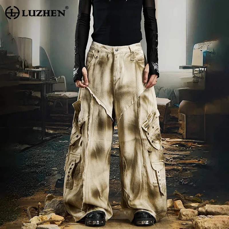 

LUZHEN Original Tie-dyed Burr Edge Multi Pockets Design Cargo Jeans Men's Fashion 2025 New Street Wide Leg Denim Pants JY4937