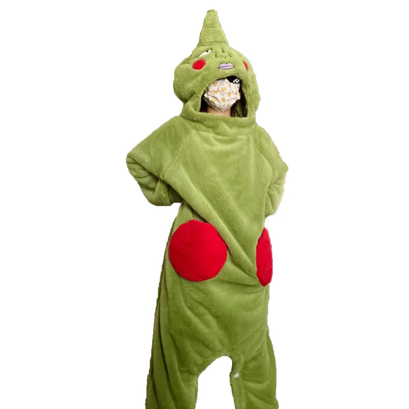 Winter Kigurumi Onesie Cute and Funny Green Cartoon Animal One-piece Pajamas Flannel Jumpsuit Fashion Women Couple Nightwear Men