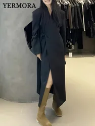 YERMORA Black Lace Up Big Size Trench For Women Lapel Long Sleeve Loose Fit Windbreaker Fashion Tide Spring Autumn 2025 New A219