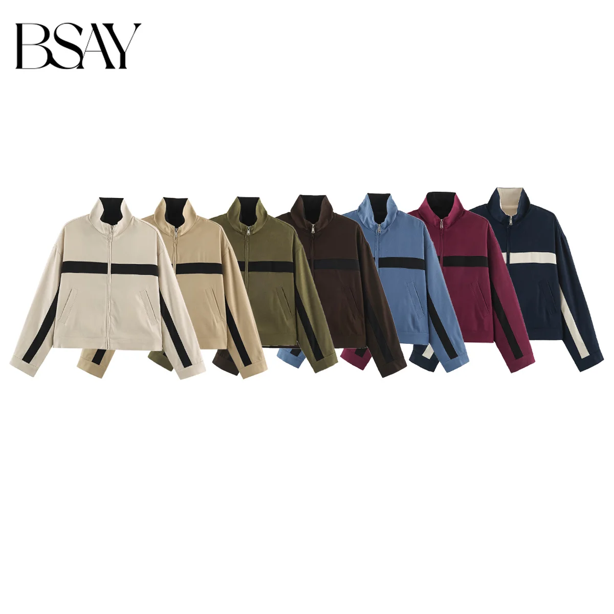 BSAY 2026 Daily Women Stand Collar Color‑Block Zip Jacket Contrast Striped Long Sleeve Loose Cropped Sports Casual Outer Coat