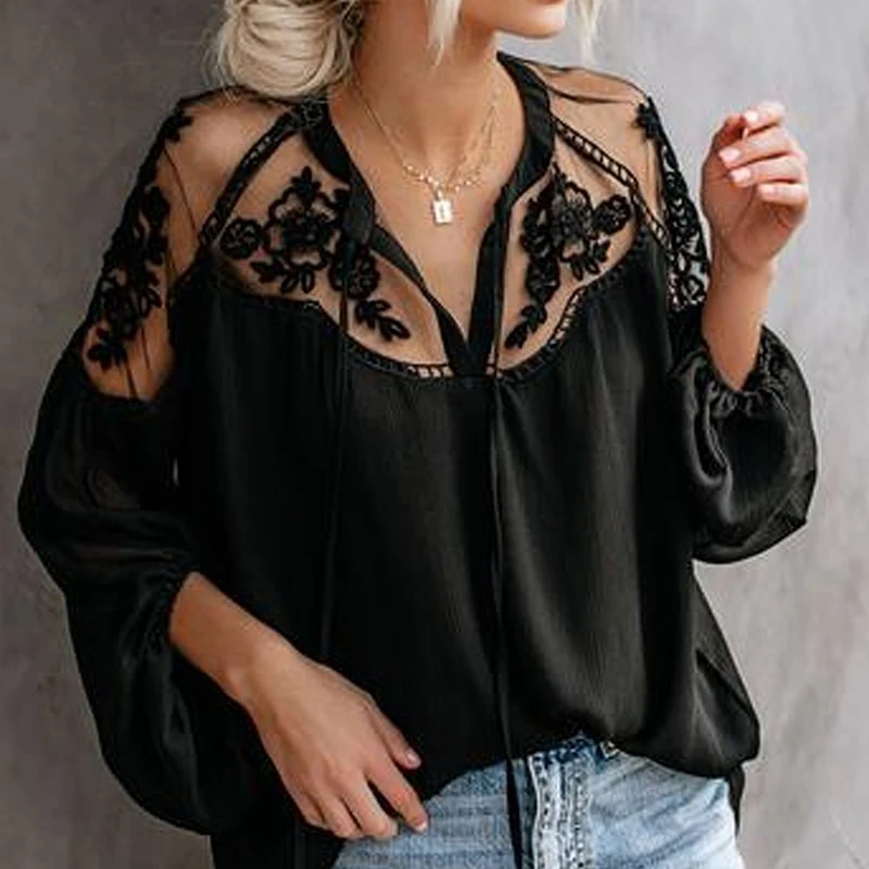 Lace Mesh Shirt Women Embroidery Patchwork Casual Long Sleeve Tops 2022 Summer Sexy Chiffon Blouse Loose Shirts Female Blusas