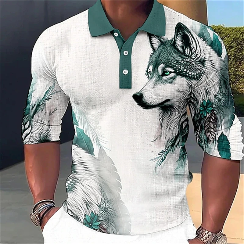 New Summer Men Long Sleeve Polo Shirt 3D Printed Lion Wlof Graphic Funny Polo Shirts Oversize Tops Tees Designer Outfit Clothing