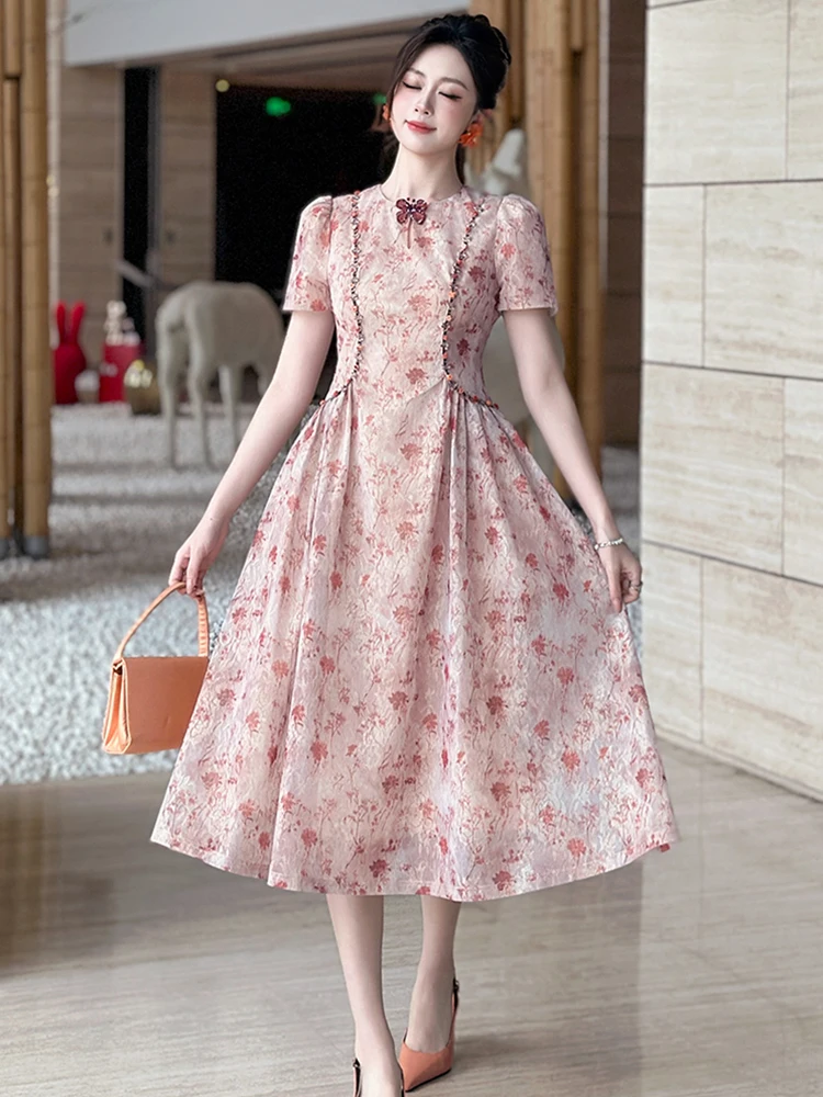 Letnia damska sukienka midi w stylu retro z kwiatowym nadrukiem, elegancka, z kokardą, bufiastymi rękawami, dopasowana, na imprezę, bal, vestidos, odzież damska, nowa