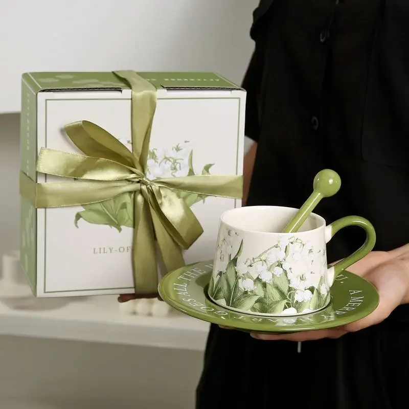 Original Hand-Drawn Lily of the Valley Ceramic Coffee Cup and Saucer Set - Unique Latte Mug for Afternoon Tea - Exquisite Gift