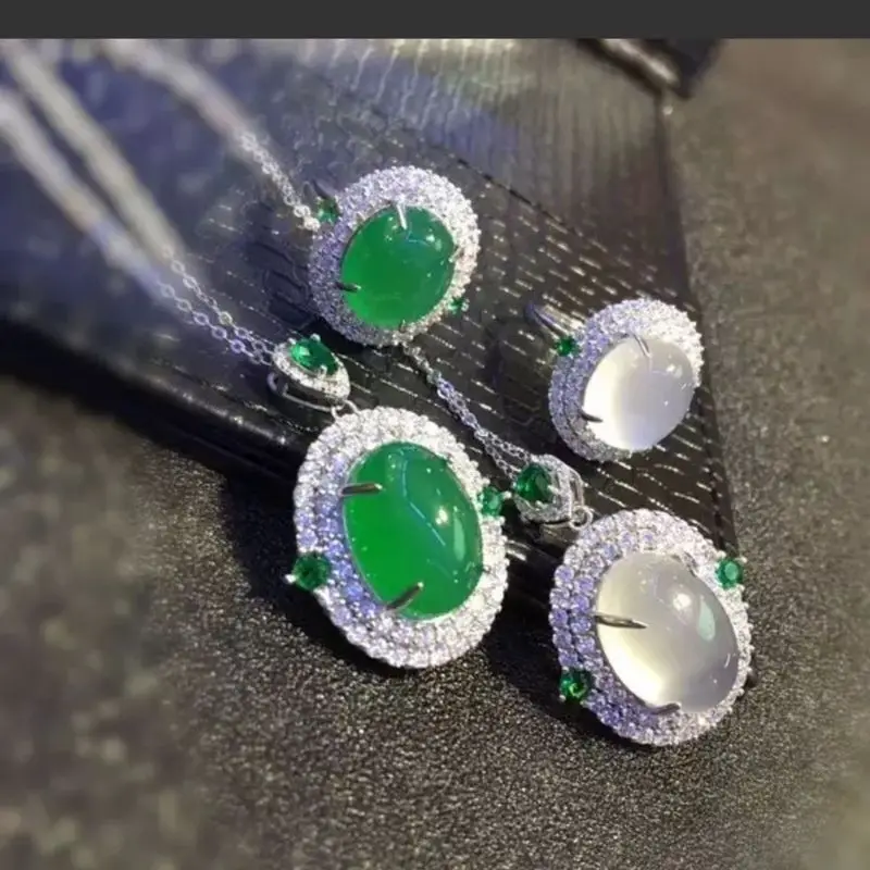 Natural ice white chalcedony two-piece set, silver-plated with inlaid agate and jadeite ring pendant