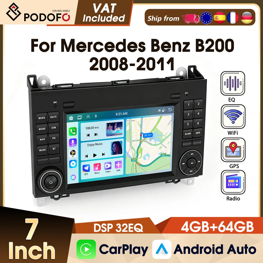 Podofo 7 Zoll 4+64G Android Autoradio für Mercedes Benz W169 W245 B200 W906 Sprinter W639 VITO Kabelloses CarPlay Auto-Stereo Autoradio GPS WIFI