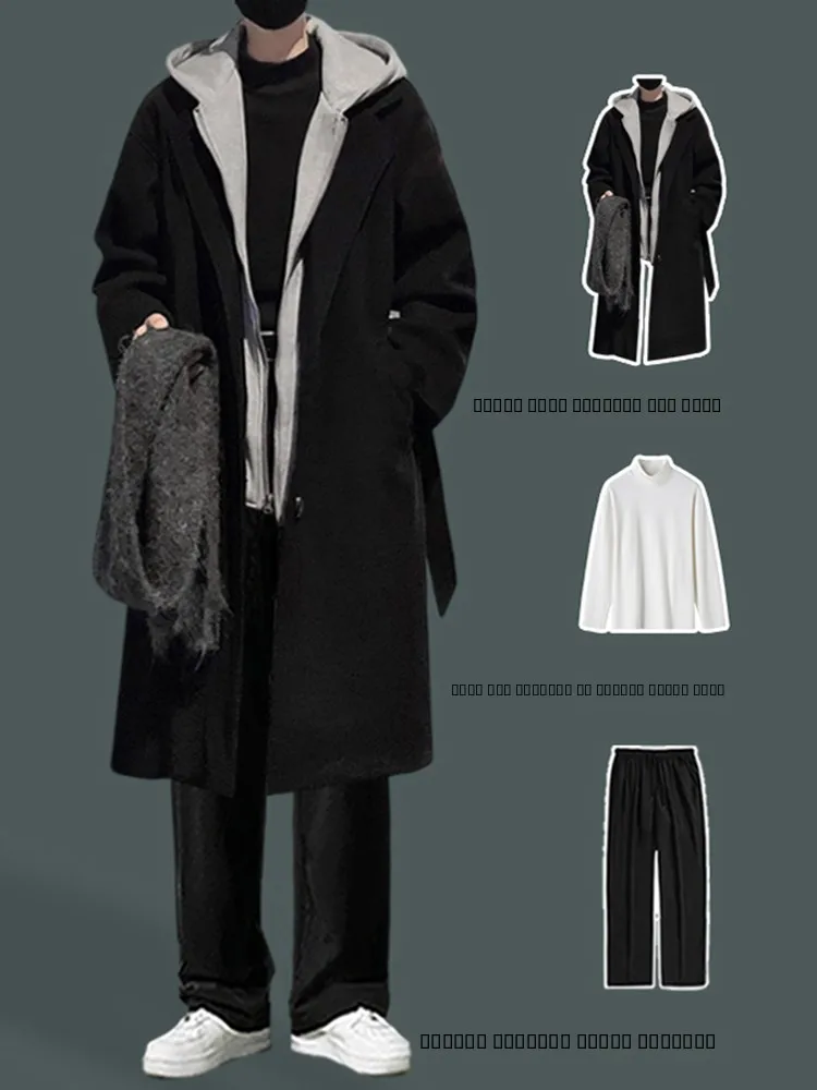 

Korean Sle Men's Mid-Length Woolen Coat Set Casual Spring Faion Loose Fit Polyester Fiber Single Button Closure Jaet