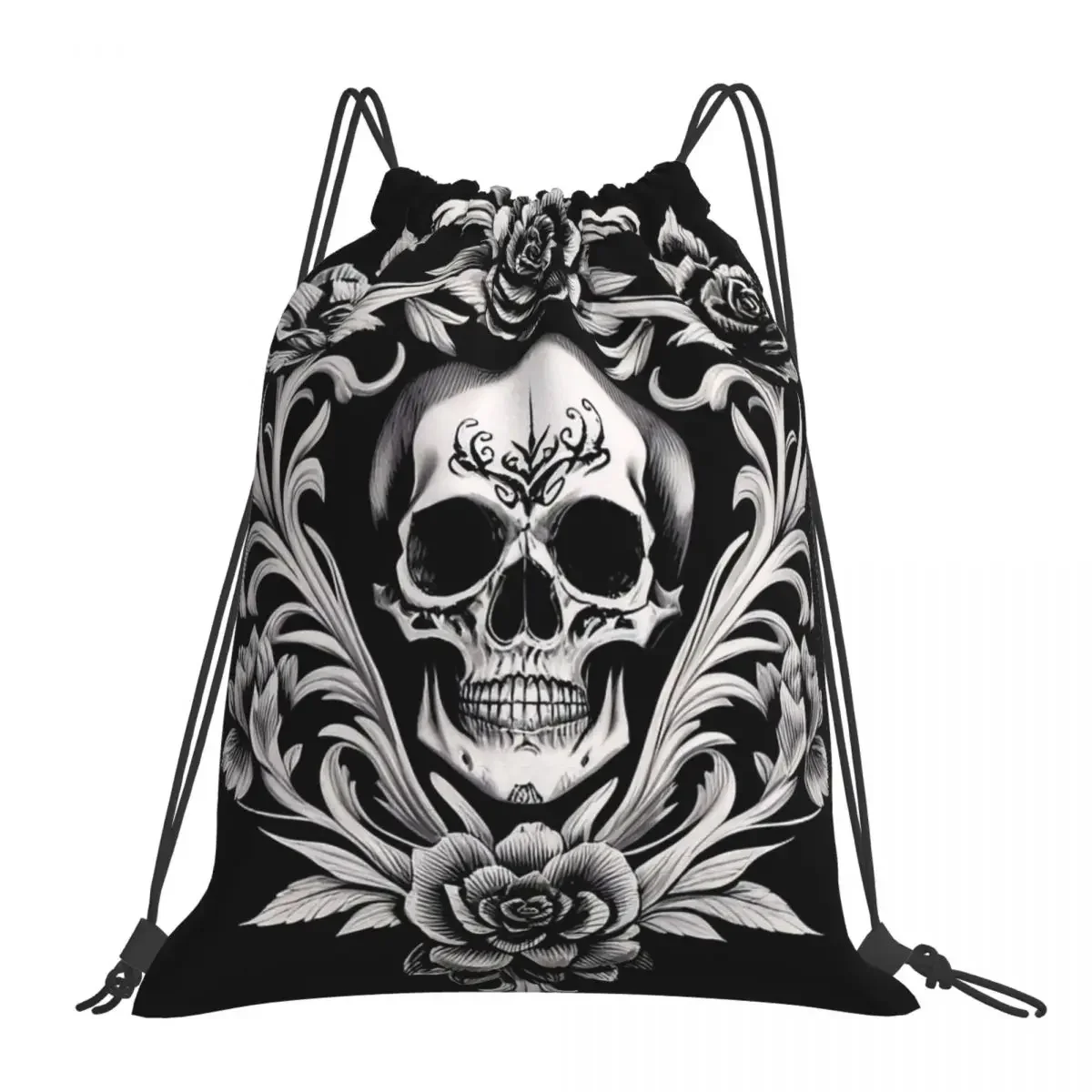 Floral Death Skull Dark Ink Tattoo #3 Backpacks Portable Drawstring Bags Drawstring Bundle Pocket Sports Bag BookBag For Travel