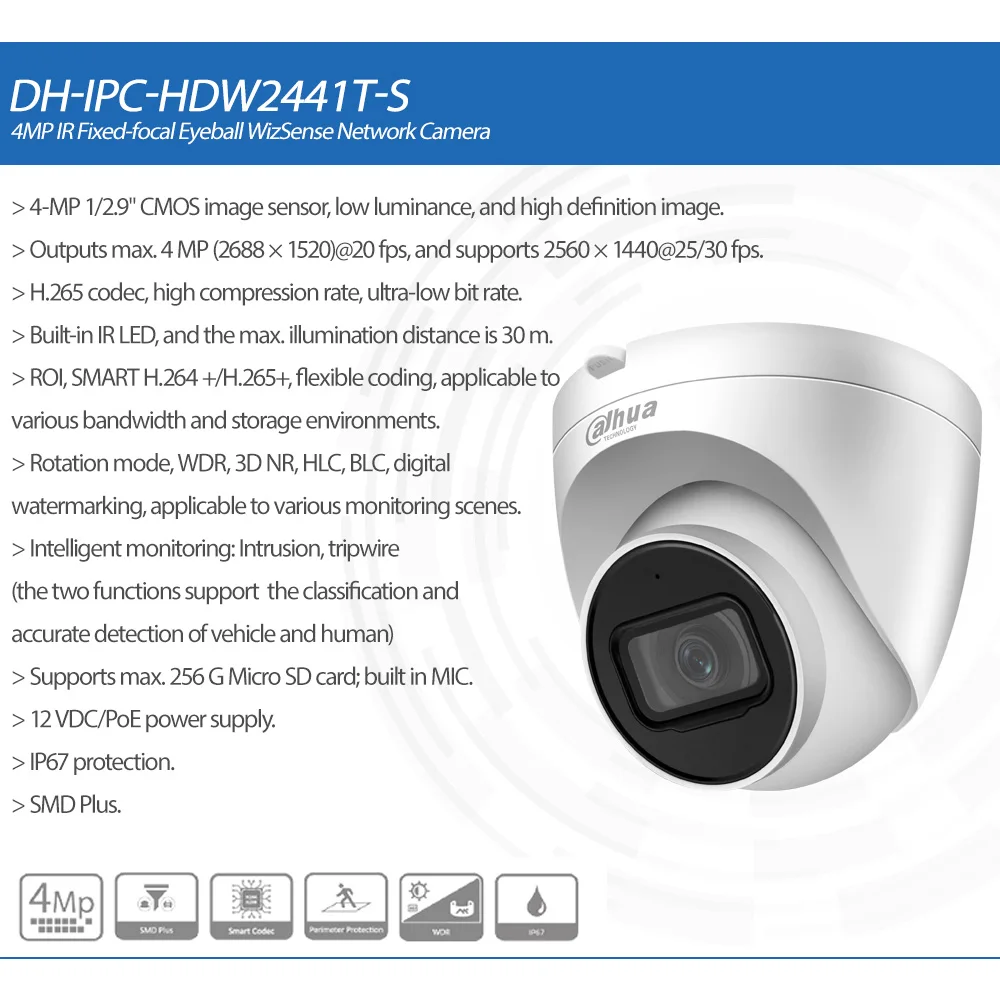 Dahua Original IPC-HDW2441T-S 4MP POE IR Fixed-focal Eyeball WizSense Network Camera Intrusion tripwire IP67 Built in MIC DMSS