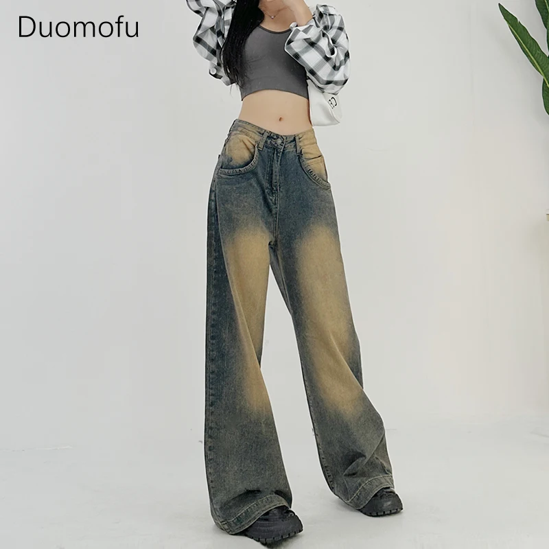 Duomofu Koreaanse Vintage Chic Gewassen Distressed Dames Jeans Herfst Eenvoudige Knop Casual Mode Full Length Straight Vrouwen Jeans