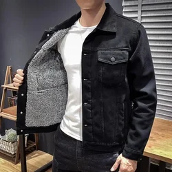 Male Jean Coats with Sheep Padding Men's Denim Jacket Wide Sleeves Black Padded Wool Warm Winter Outerwear Aesthetic Clothing G