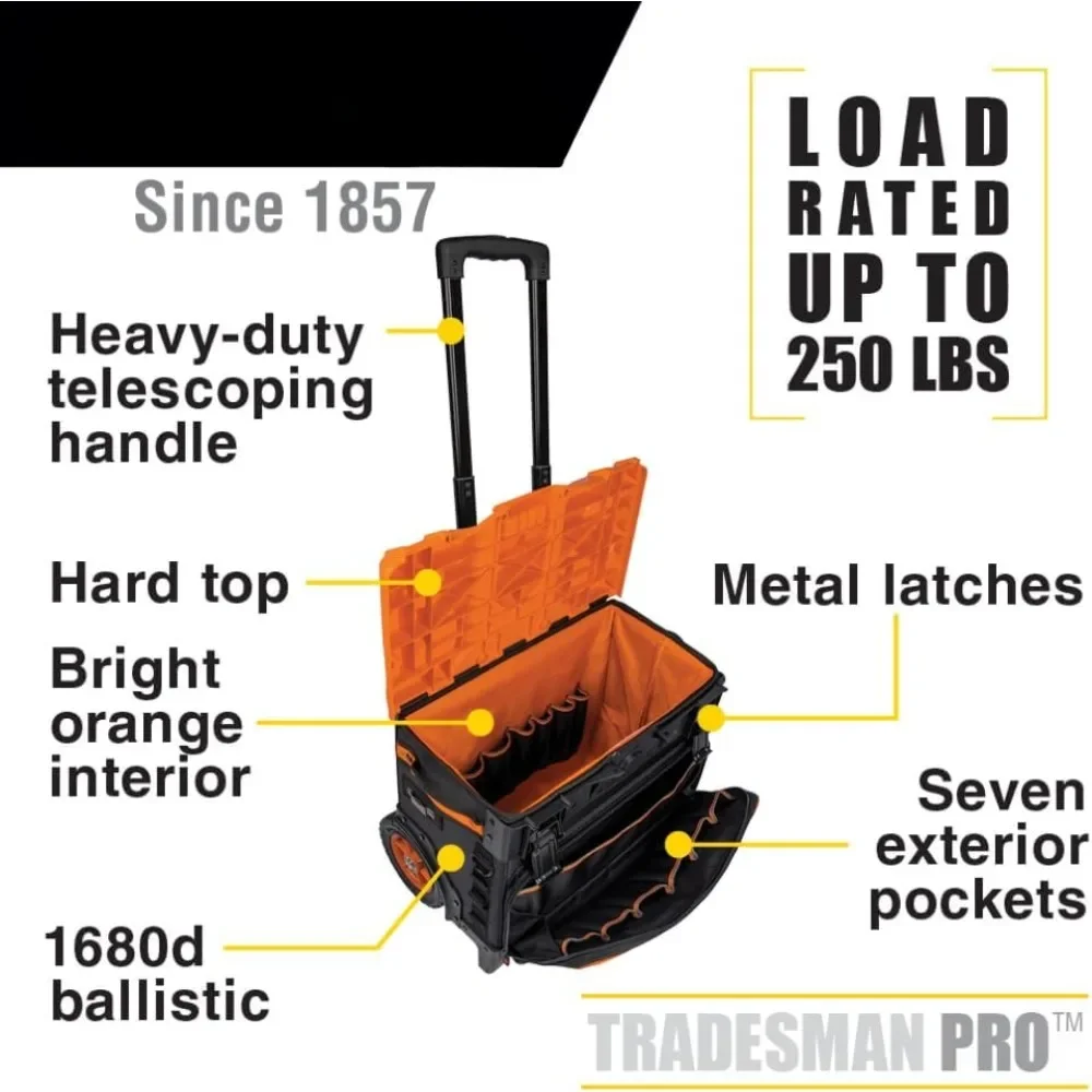 Rolling Tool Bag 250lbs Load Rated Heavy-duty Telescoping Handle Exterior Webbing Allow Metal Latches Keep Lid Closed