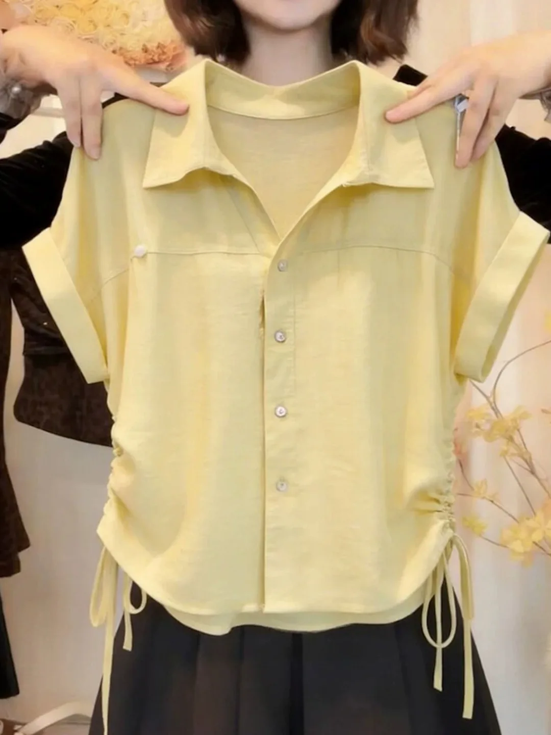 

Women's Summer Short Sleeve Shirt Drawstring Loose Fit Neck Versatile Thin Design Breathable Comfortable Straight Cut