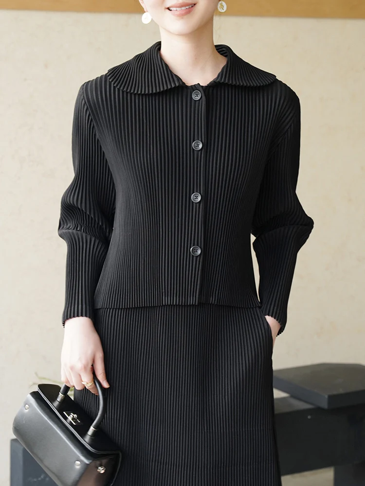 GVUW Pleated Lapel Elegant Jackets Women Full Sleeve Single Breasted Solid Color Versatile Temperament New Clothing 17G8503