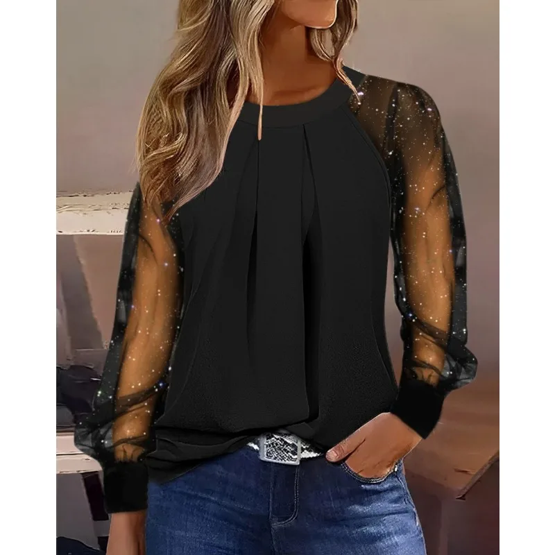 Women Long Sleeve Fashion O-Neck Shirt 2024 Spring Autumn Blouse Top Women\'s Sexy Lace Mesh See-through Stitching Pullover Shirt