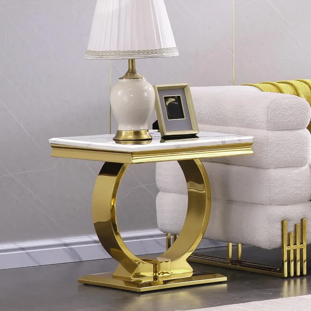 Gold End Table, White Side Table for Living Room, Bedroom, Stable End Table with U-Shaped Polished Gold Base and Square