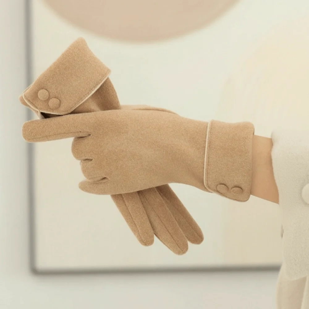 Elegant Button Winter Gloves Touchscreen Full Finger Women Gloves Warm Fleece-Lined Cycling Mittens Gift