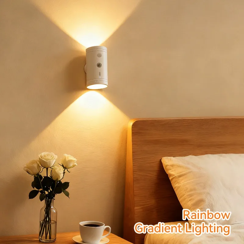 Lampka nocna LED z czujnikiem ruchu, zmieniająca kolory RGB, bezprzewodowa lampa ścienna, ładowalna, magnetyczna lampka zachód słońca do sypialni, salonu.