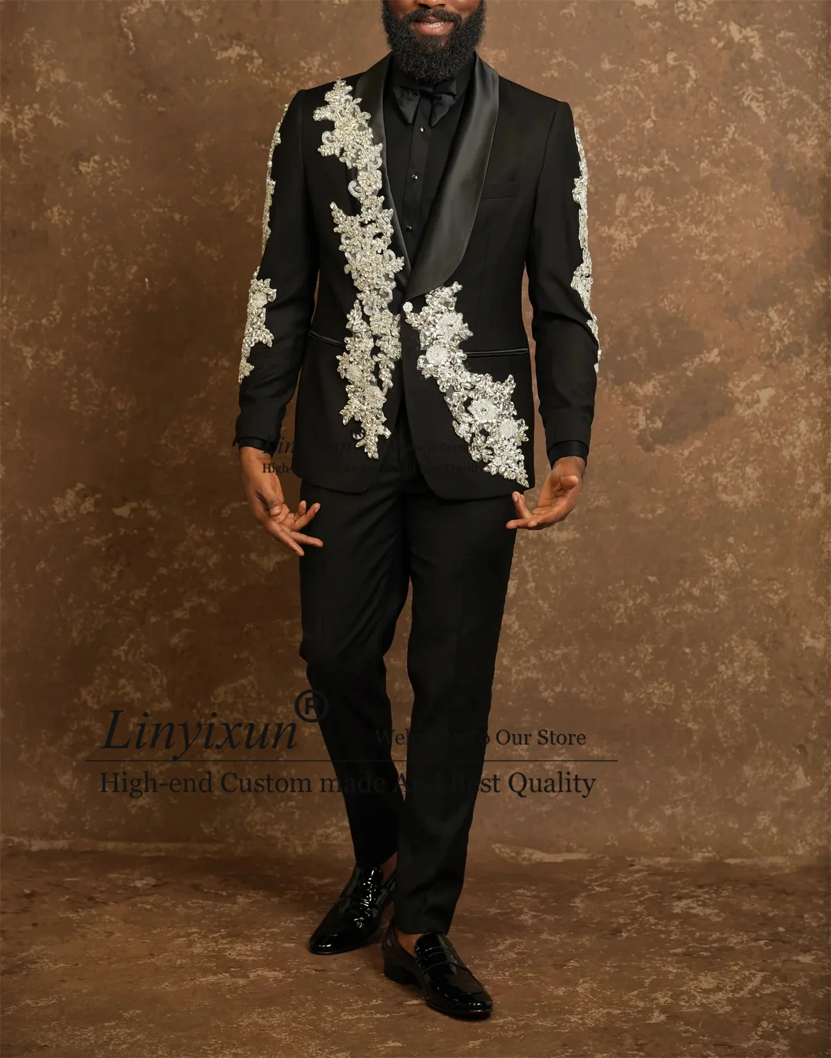 

Luxury Appliques Beaded Crystal Men Suit 2 Piece Sets Slim Fit Wedding Tuxedos Costume Homme Customized Groom Party Male Blazer