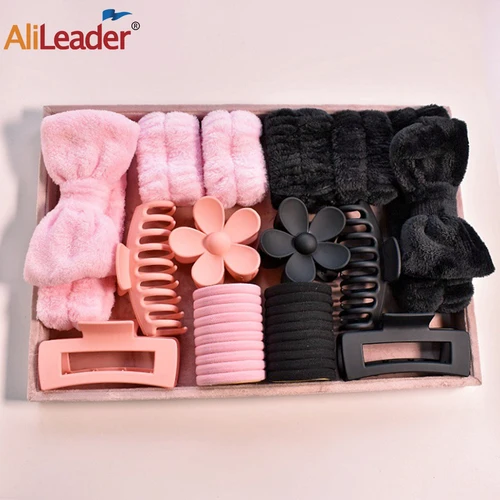 Juego de diadema Facial de 16 Uds., diadema y pulsera de Spa con pinzas en forma de garra para el pelo de flores, accesorios para el cabello para mujeres y niñas, rosa y negro