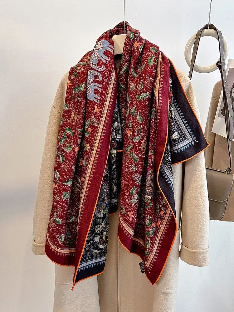 Double-sided differently colored red silk and real wool scarf large square new style air-conditioned room shawl for outerwear