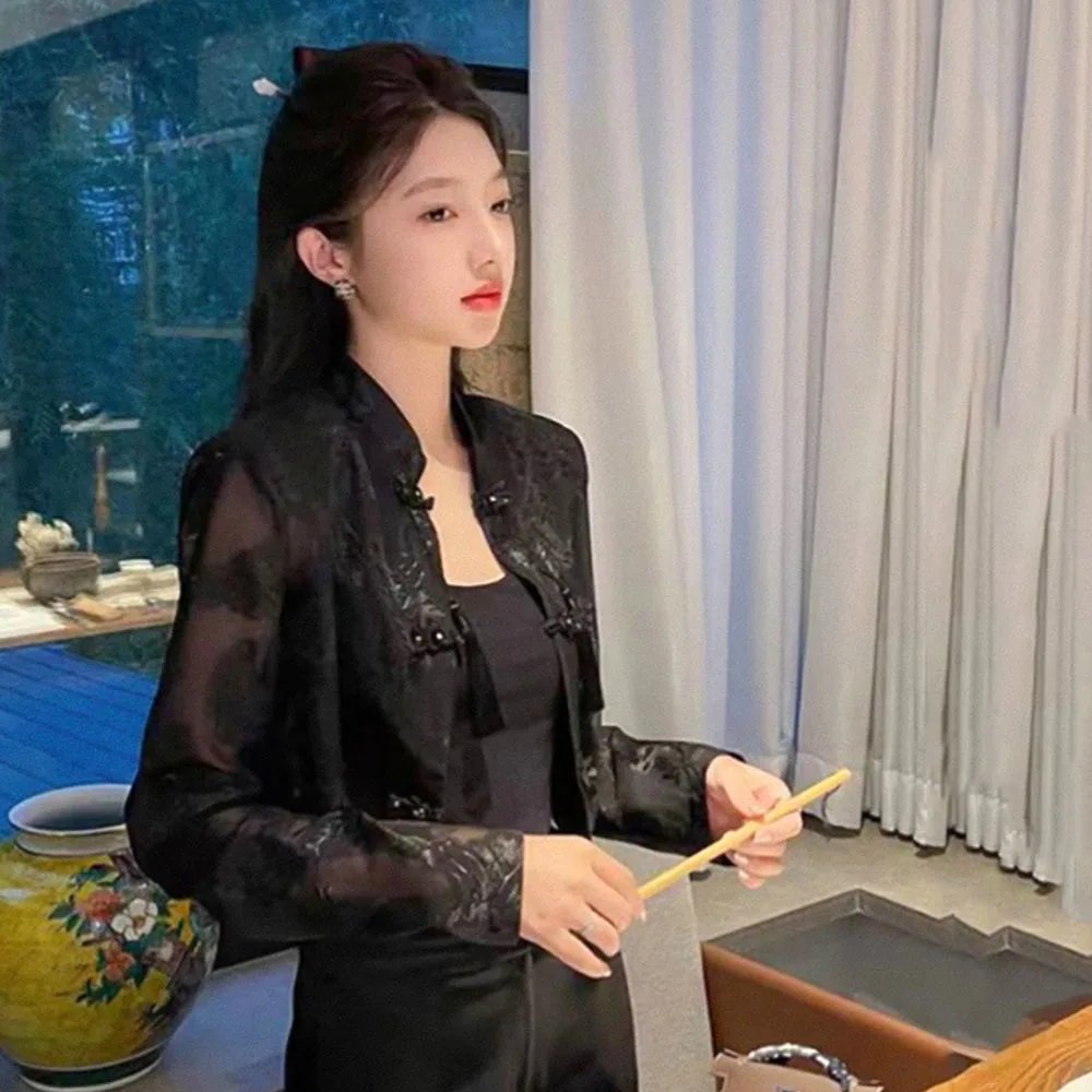 Chinese Summer Thin Jacket Women Black Cropped Coat Ladies Elegant Cardigan Lace Embroidery Casual Female Top Sunscreen Clothing